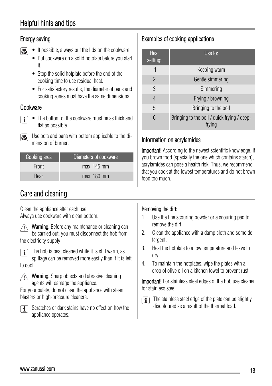 Helpful hints and tips, Care and cleaning | Zanussi ZEE3921IXA User Manual | Page 13 / 32