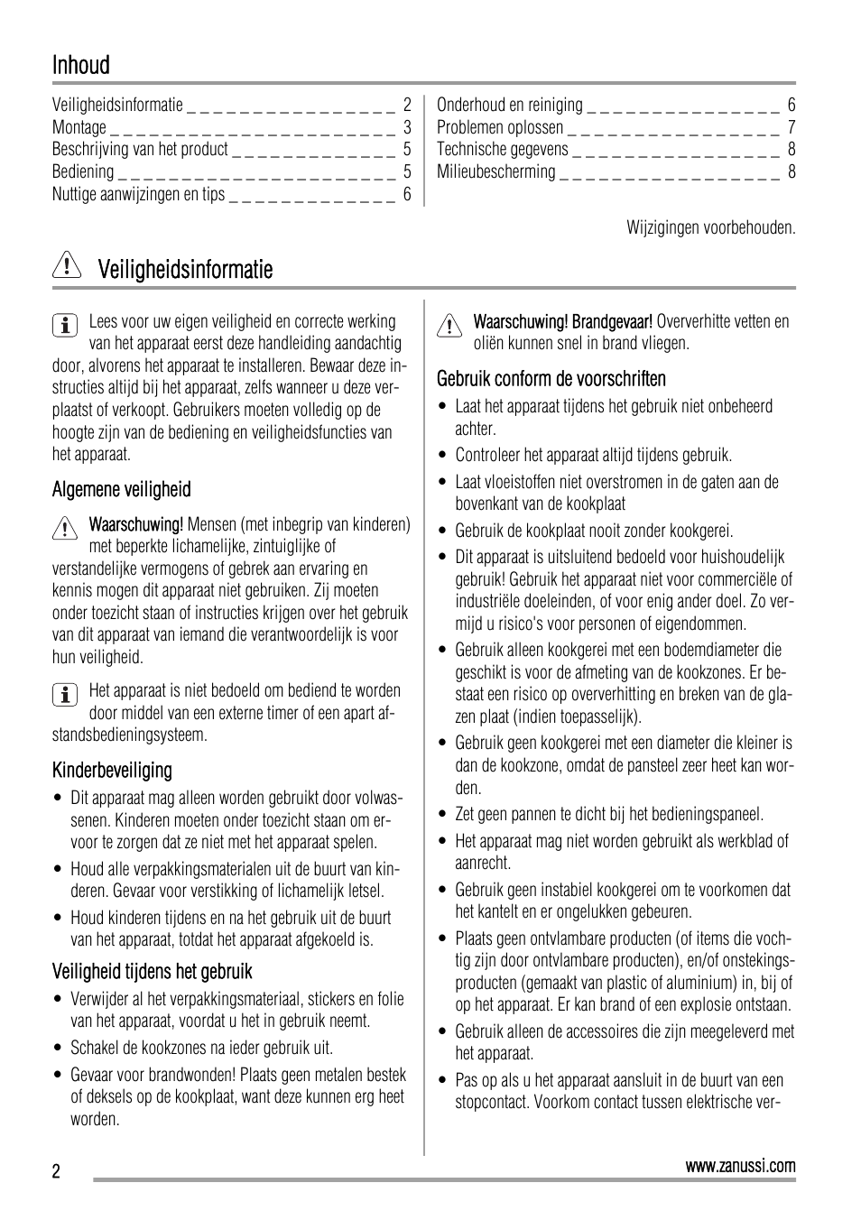 Inhoud, Veiligheidsinformatie | Zanussi ZEE3921IXA User Manual | Page 2 / 32