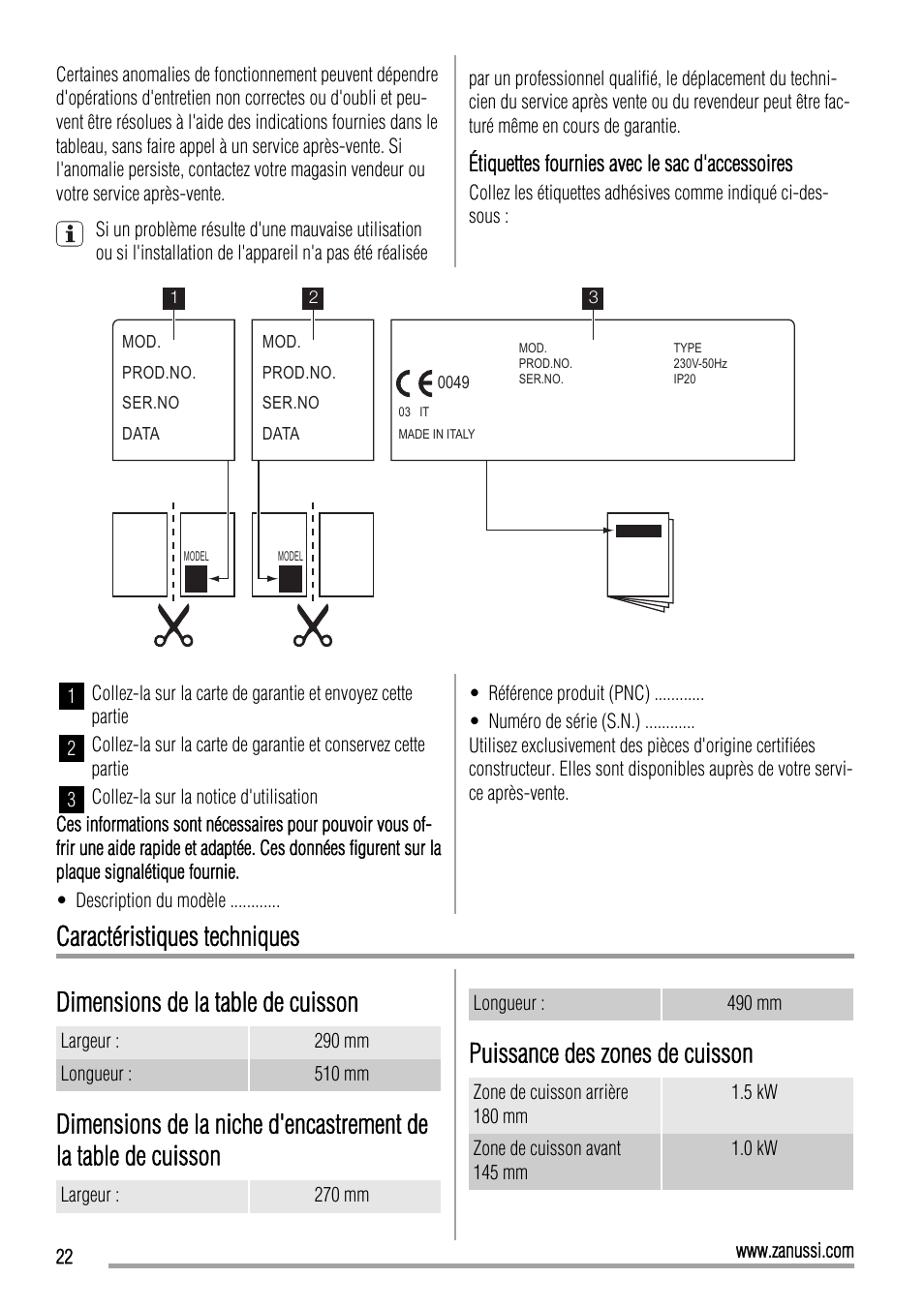 Puissance des zones de cuisson | Zanussi ZEE3921IXA User Manual | Page 22 / 32