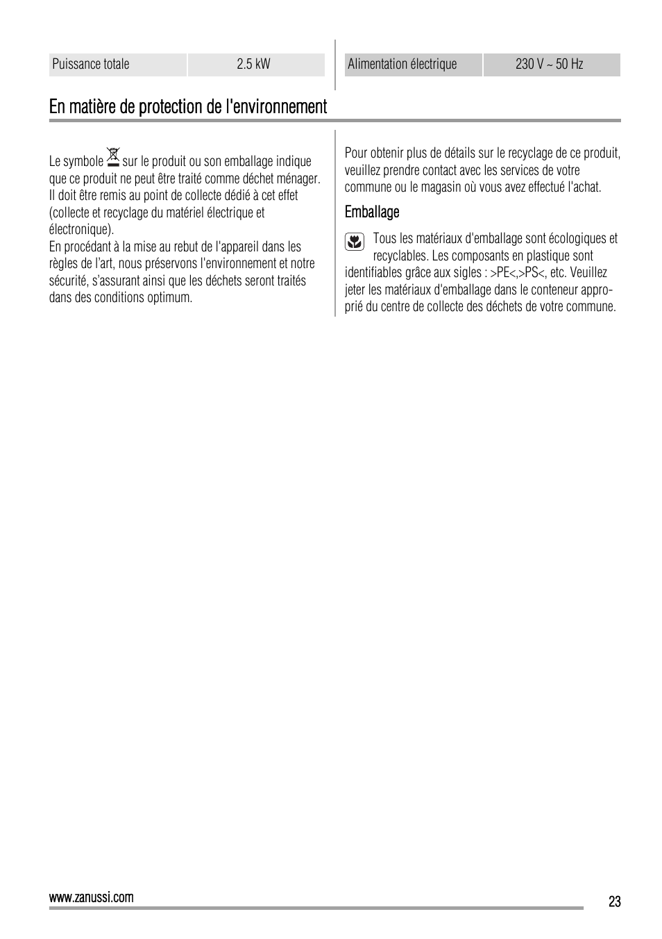 En matière de protection de l'environnement | Zanussi ZEE3921IXA User Manual | Page 23 / 32