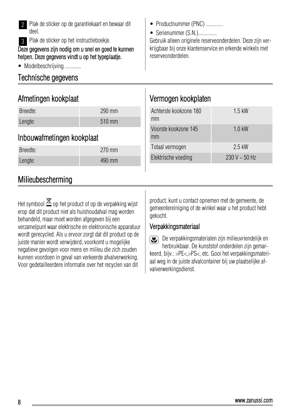 Technische gegevens afmetingen kookplaat, Inbouwafmetingen kookplaat, Vermogen kookplaten | Milieubescherming | Zanussi ZEE3921IXA User Manual | Page 8 / 32