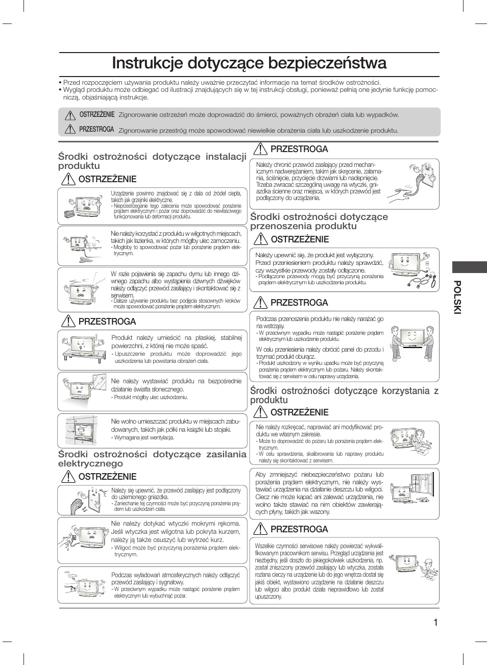 Instrukcje dotyczàce bezpieczeƒstwa, Polski, Ârodki ostro˝noêci dotyczàce przenoszenia produktu | Ostrze˚enie, Ostrze˚enie przestroga przestroga przestroga | LG 20LS1R User Manual | Page 107 / 236