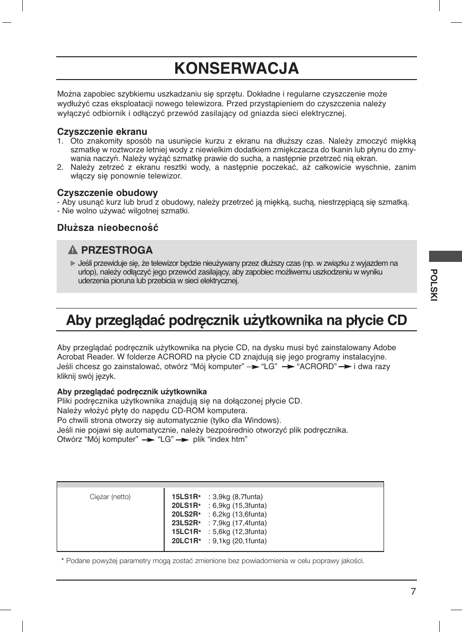 Konserwacja, Aby przeglądać podręcznik użytkownika na płycie cd, Przestroga | LG 20LS1R User Manual | Page 113 / 236