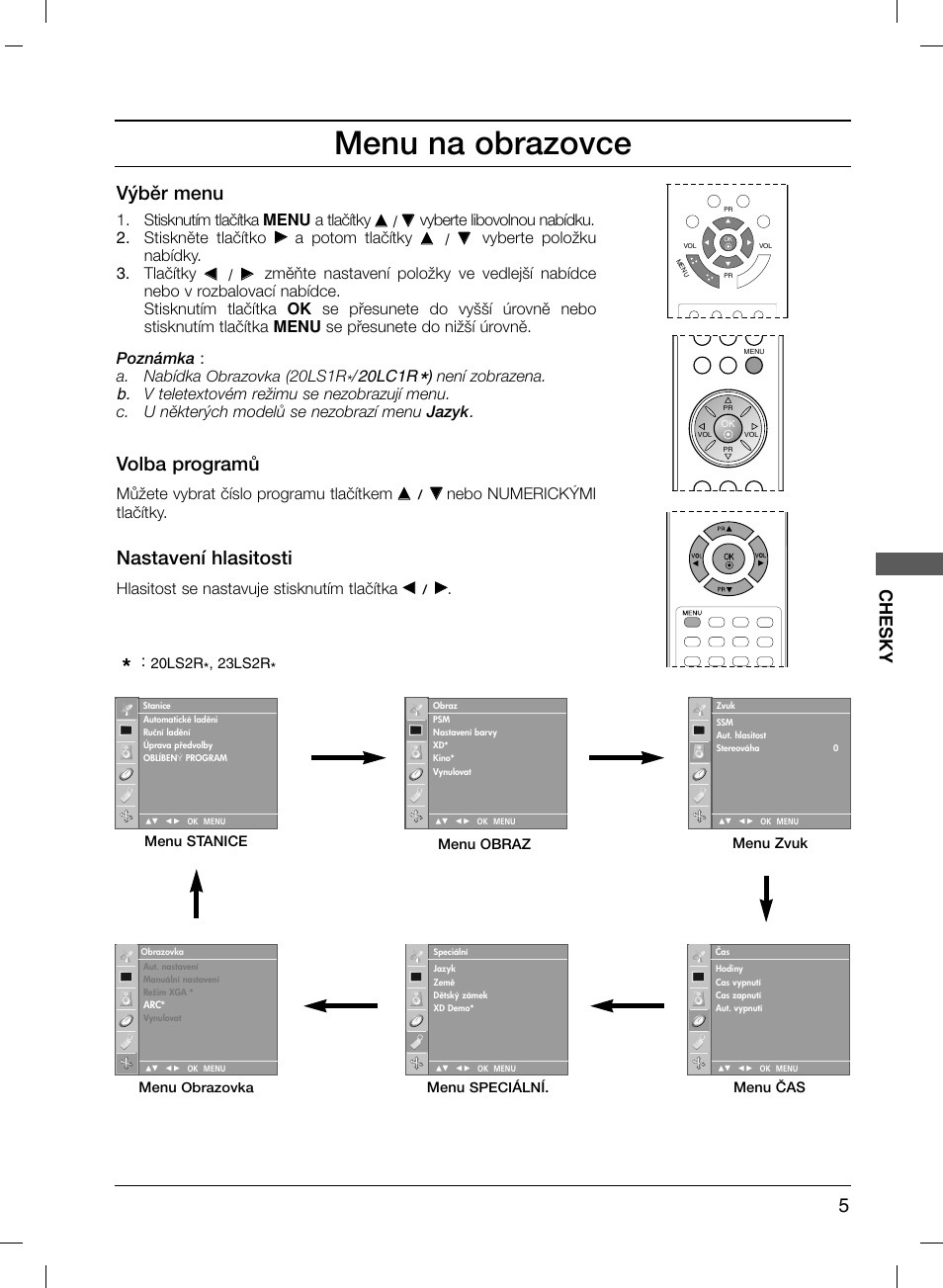 Menu na obrazovce, V˘bûr menu, Volba programû | Nastavení hlasitosti, Chesky, Stisknutím tlaãítka menu a tlaãítky, Vyberte libovolnou nabídku. 2. stisknûte tlaãítko, A potom tlaãítky, Vyberte poloïku nabídky. 3. tlaãítky, Mûïete vybrat ãíslo programu tlaãítkem | LG 20LS1R User Manual | Page 121 / 236