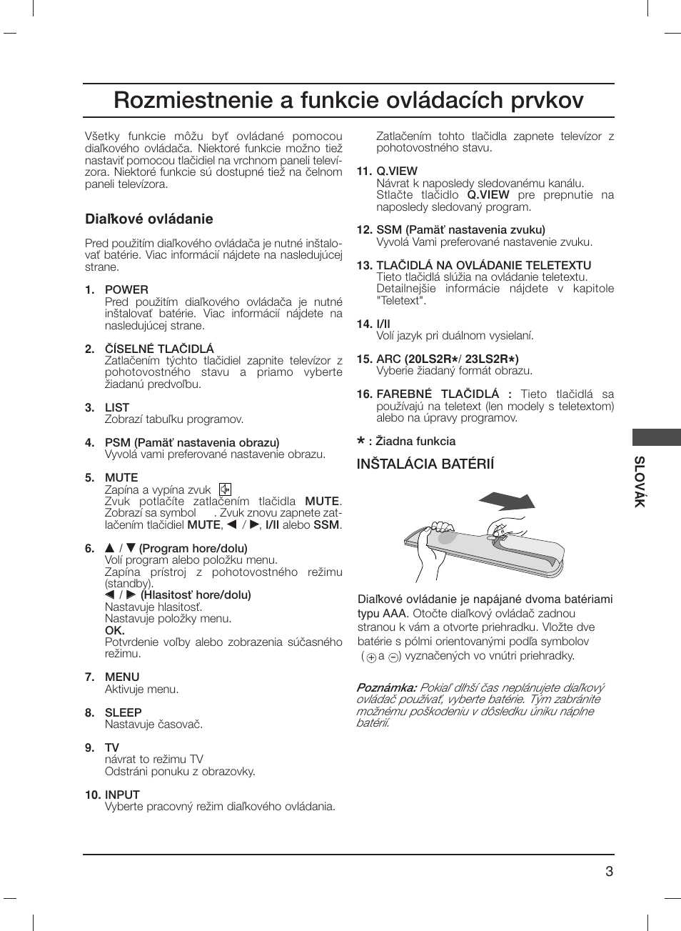 Rozmiestnenie a funkcie ovládacích prvkov | LG 20LS1R User Manual | Page 129 / 236