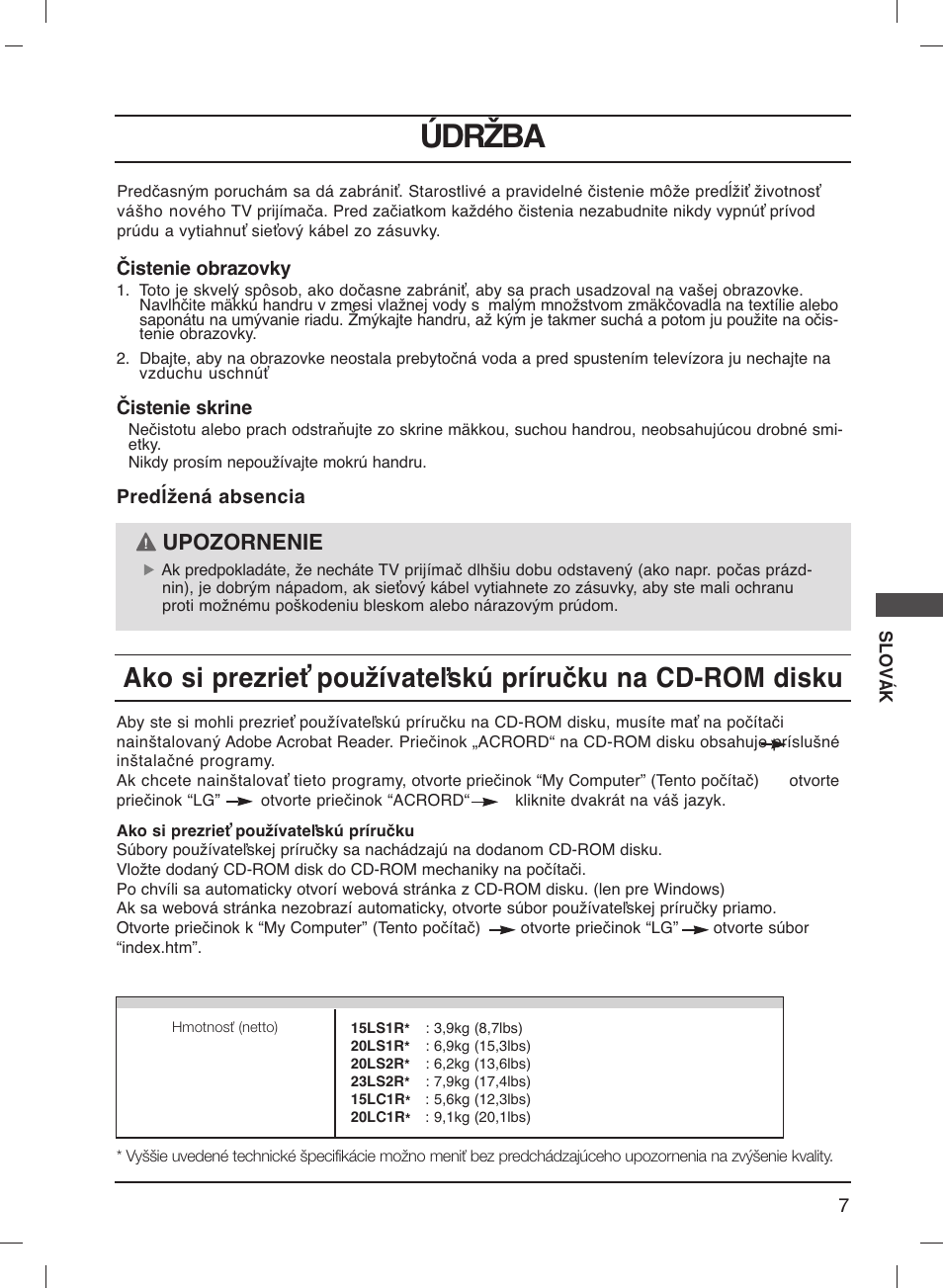 Údržba, Upozornenie | LG 20LS1R User Manual | Page 133 / 236