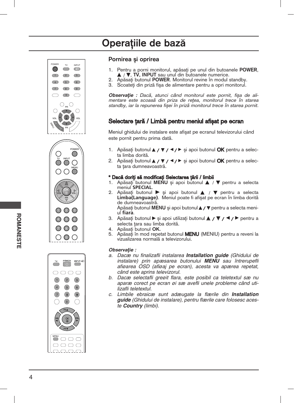 Opera˛iile de baz, Pornirea ∫i oprirea, Romaneste | LG 20LS1R User Manual | Page 140 / 236