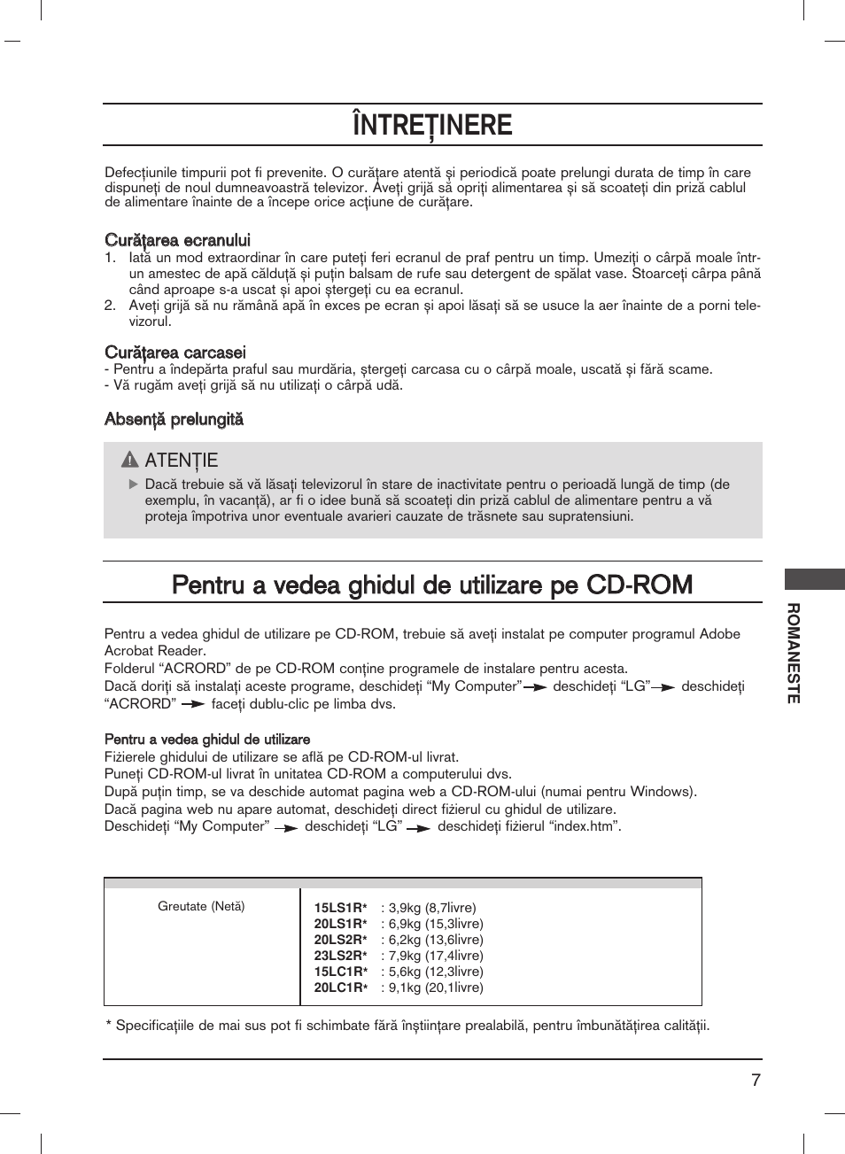 Œntreﬁinere | LG 20LS1R User Manual | Page 143 / 236