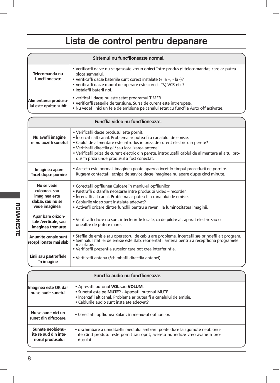 Lista de control pentru depanare, Romaneste | LG 20LS1R User Manual | Page 144 / 236