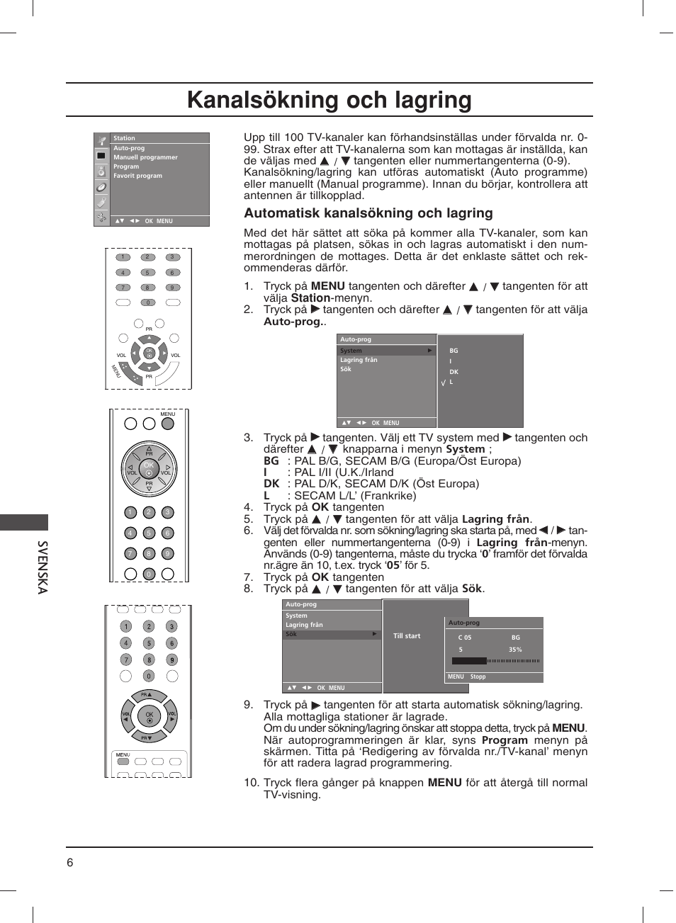 Kanalsökning och lagring, Svenska, Automatisk kanalsökning och lagring | Station -menyn. 2 | LG 20LS1R User Manual | Page 162 / 236