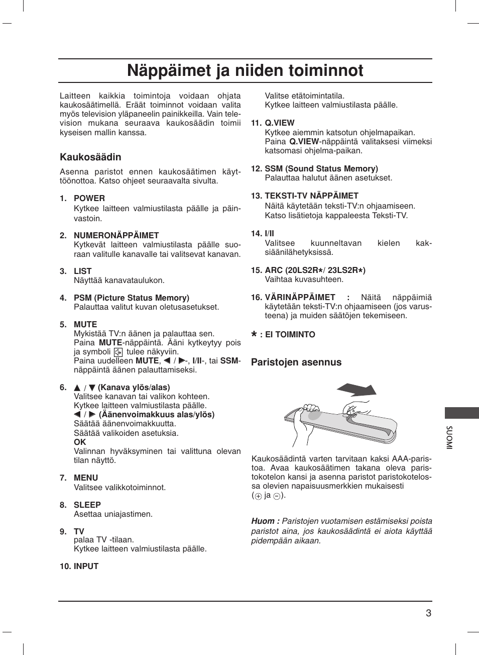 Näppäimet ja niiden toiminnot | LG 20LS1R User Manual | Page 179 / 236