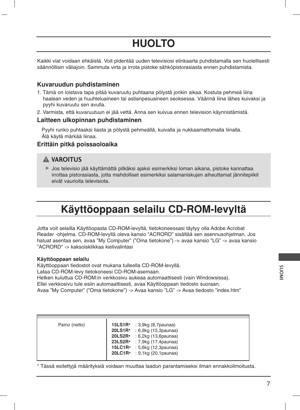 Huolto käyttöoppaan selailu cd-rom-levyltä, Varoitus | LG 20LS1R User Manual | Page 183 / 236