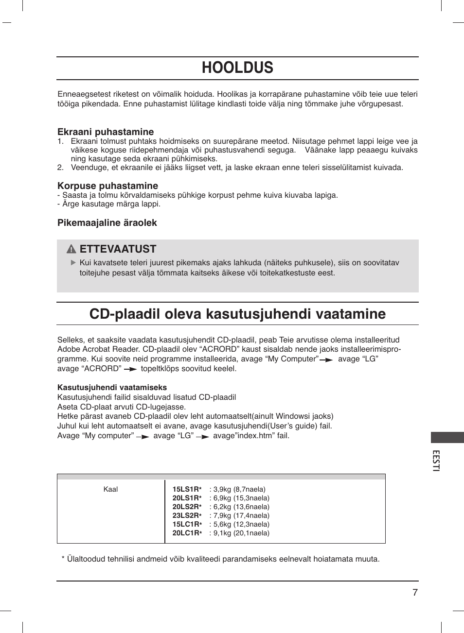 Hooldus, Cd-plaadil oleva kasutusjuhendi vaatamine, Ettevaatust | LG 20LS1R User Manual | Page 203 / 236