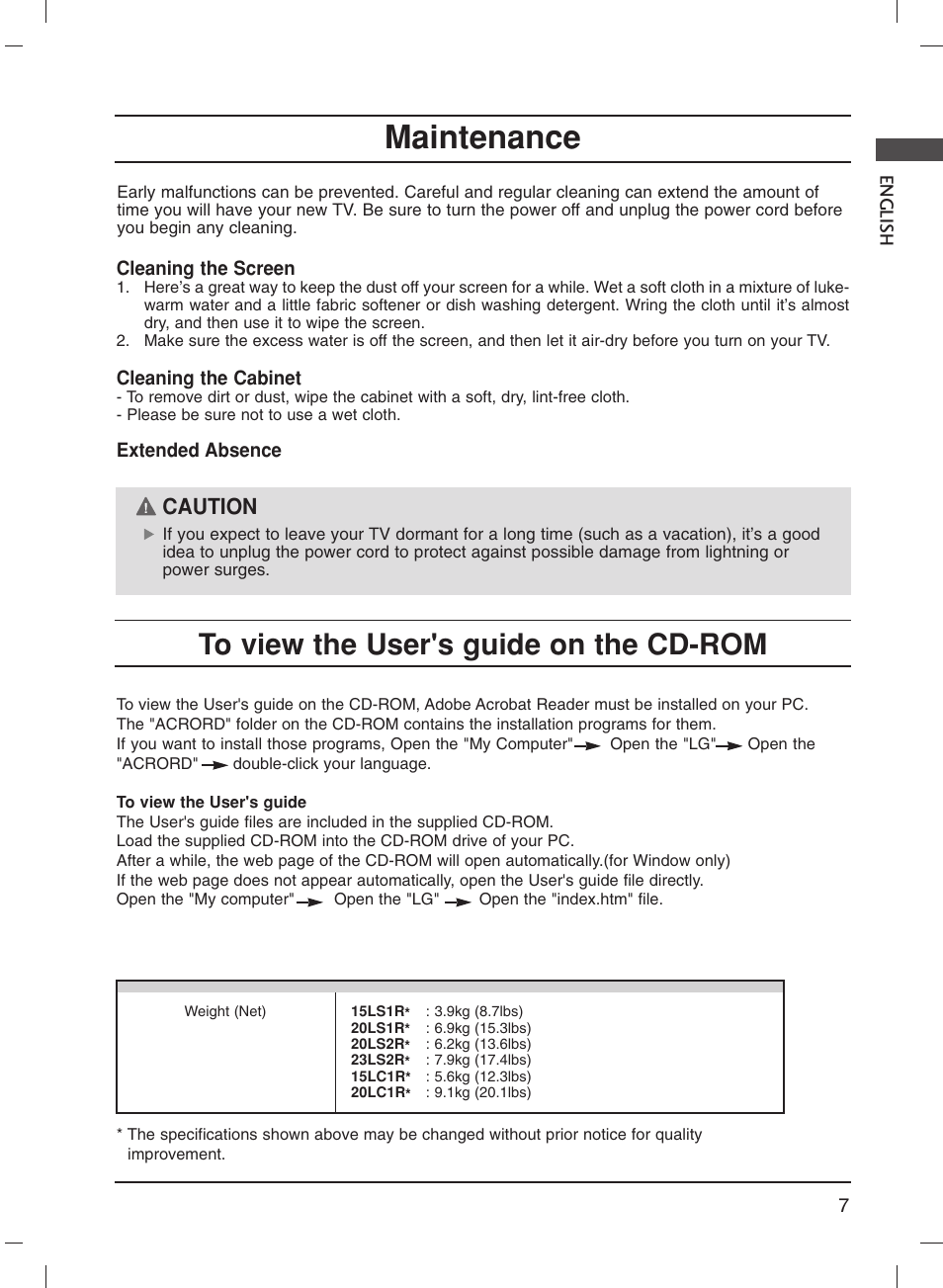 Maintenance, Caution | LG 20LS1R User Manual | Page 21 / 236