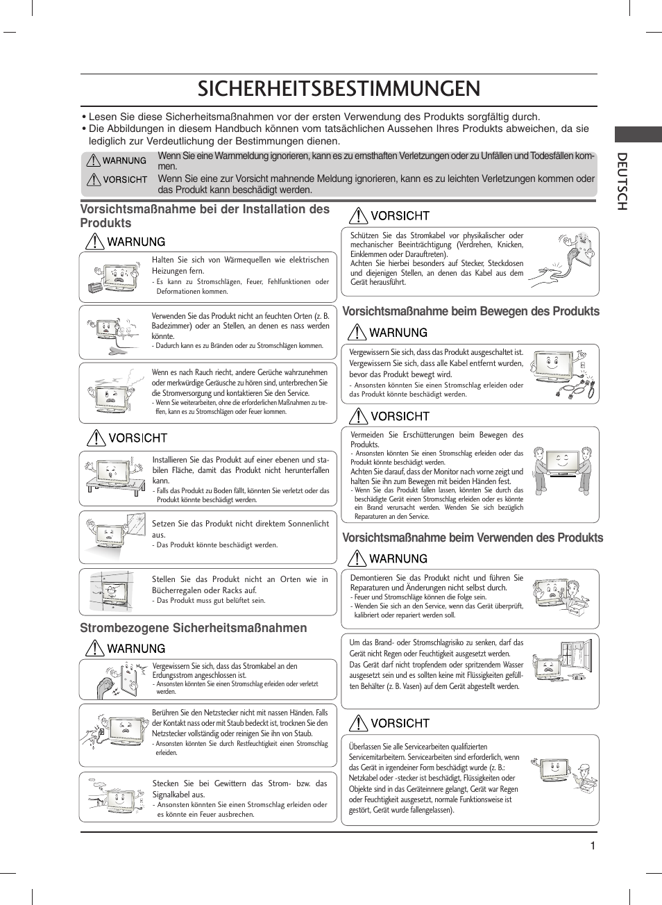 Sicherheitsbestimmungen, Deutsch, Strombezogene sicherheitsmaßnahmen | Vorsichtsmaßnahme beim bewegen des produkts, Vorsichtsmaßnahme beim verwenden des produkts | LG 20LS1R User Manual | Page 25 / 236