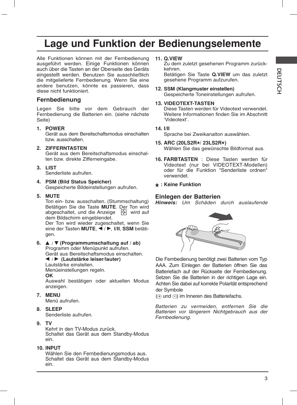 Lage und funktion der bedienungselemente, Deutsch | LG 20LS1R User Manual | Page 27 / 236