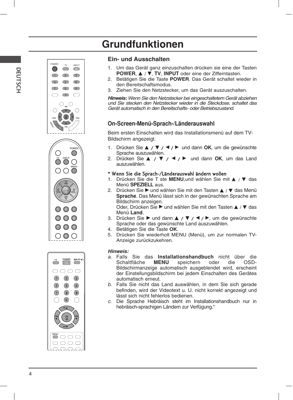 Grundfunktionen, Deutsch, On-screen-menü-sprach-/länderauswahl | Ein- und ausschalten | LG 20LS1R User Manual | Page 28 / 236