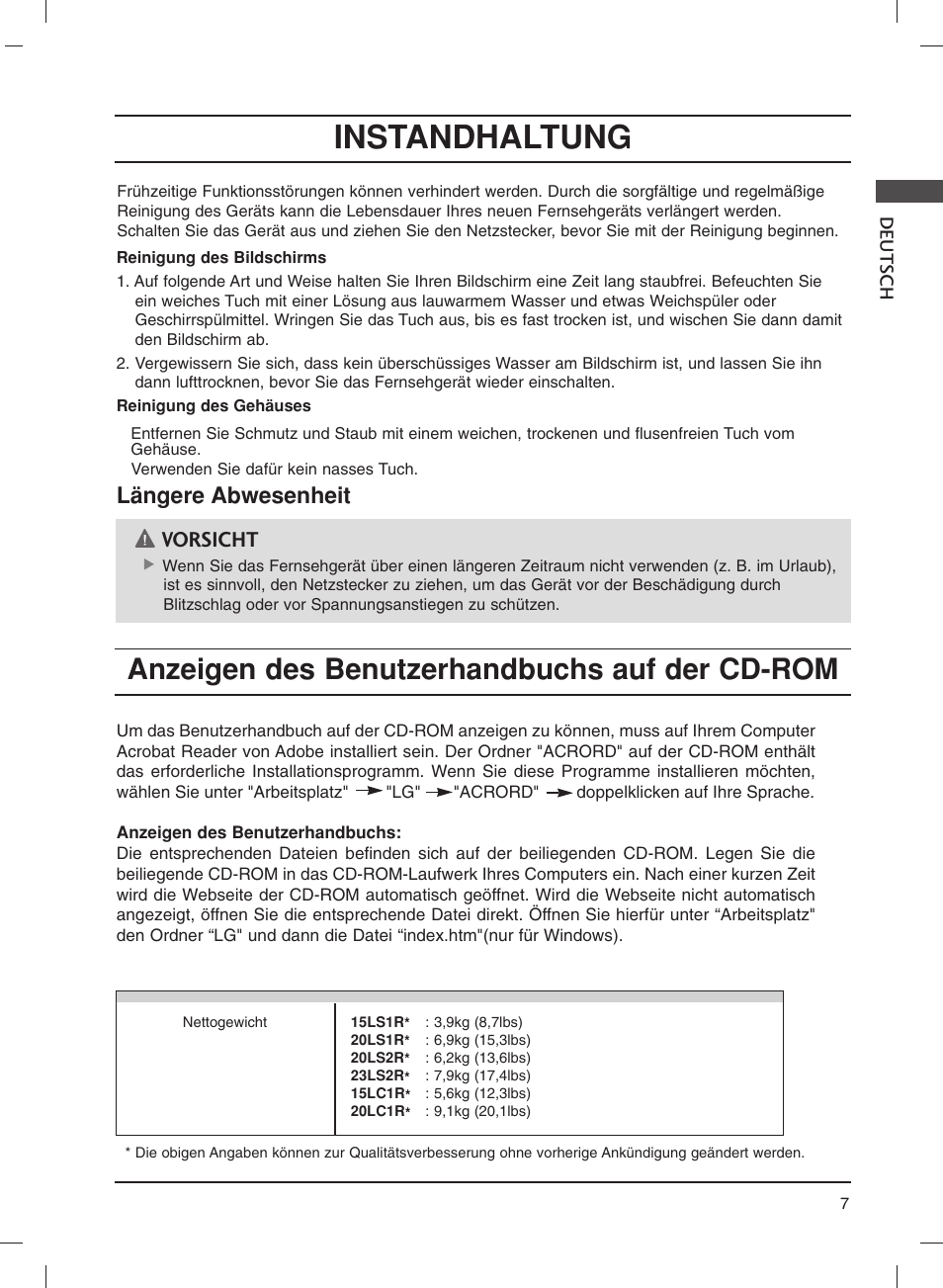 Instandhaltung, Anzeigen des benutzerhandbuchs auf der cd-rom, Längere abwesenheit | Vorsicht | LG 20LS1R User Manual | Page 31 / 236