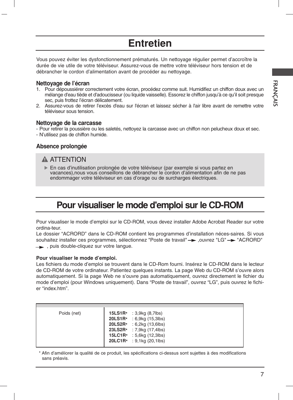 Entretien, Pour visualiser le mode d'emploi sur le cd-rom, Attention | LG 20LS1R User Manual | Page 41 / 236