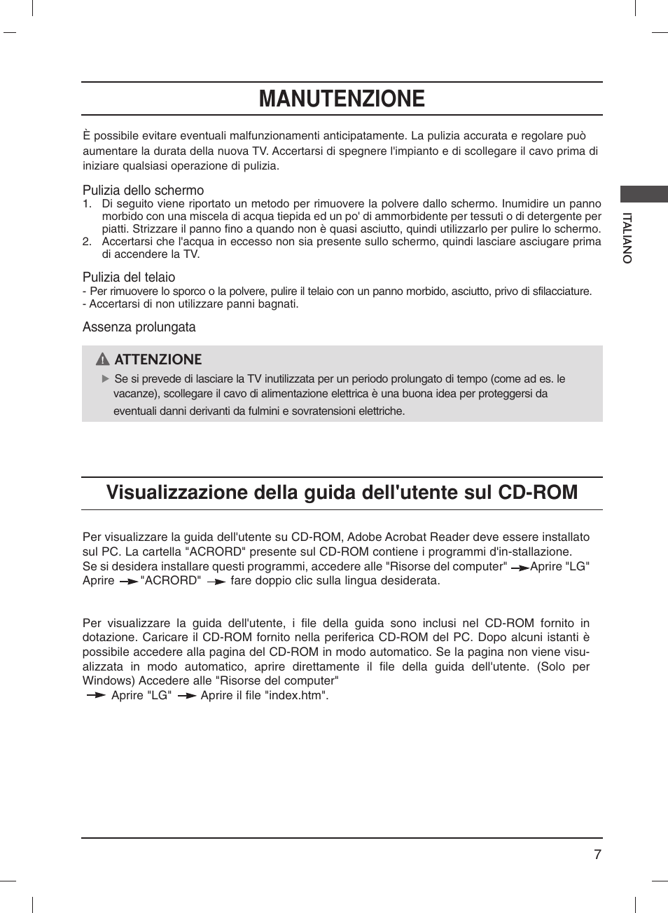 Manutenzione, Visualizzazione della guida dell'utente sul cd-rom, Attenzione | LG 20LS1R User Manual | Page 51 / 236