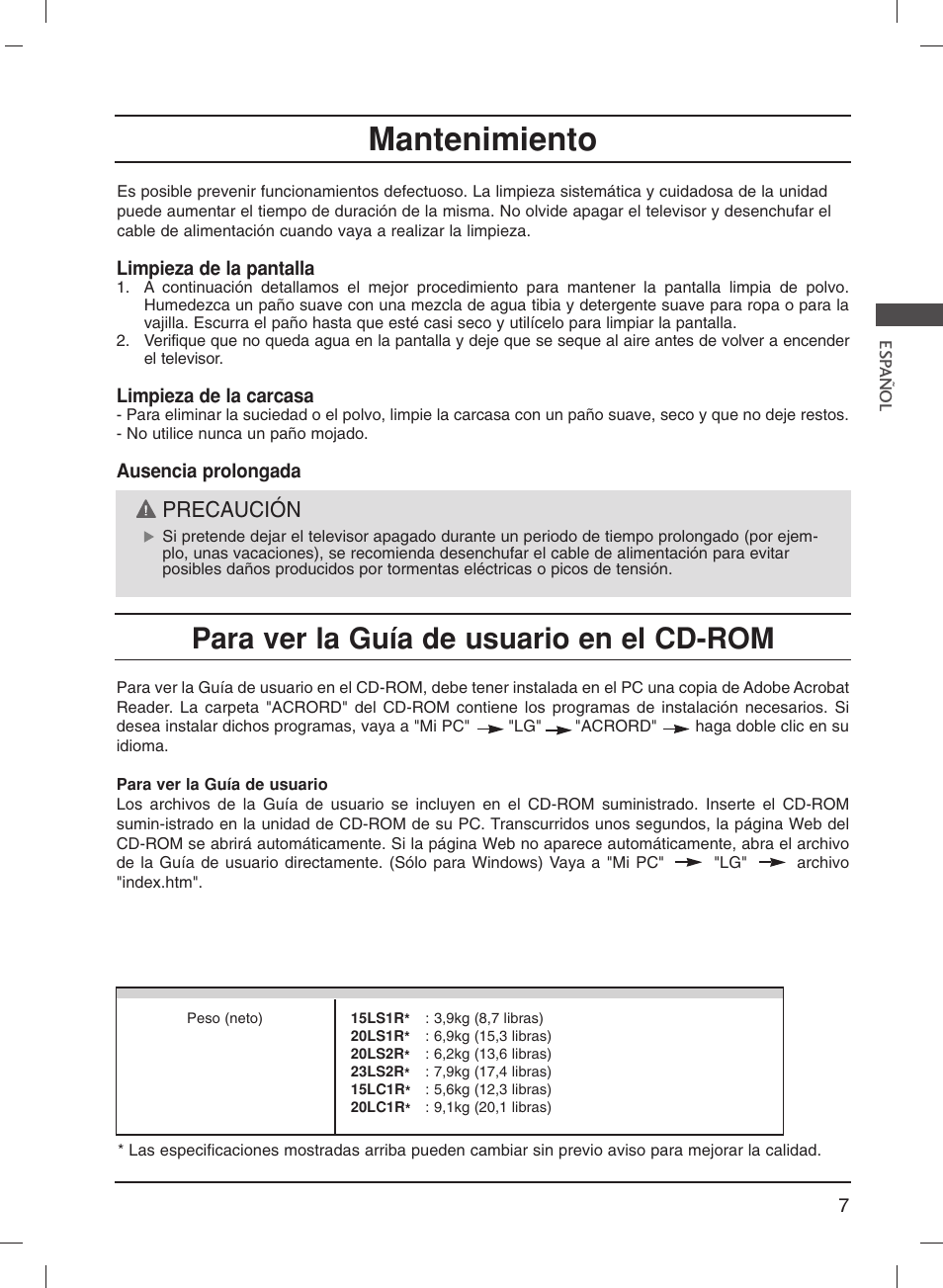 Mantenimiento, Para ver la guía de usuario en el cd-rom, Precaución | LG 20LS1R User Manual | Page 63 / 236