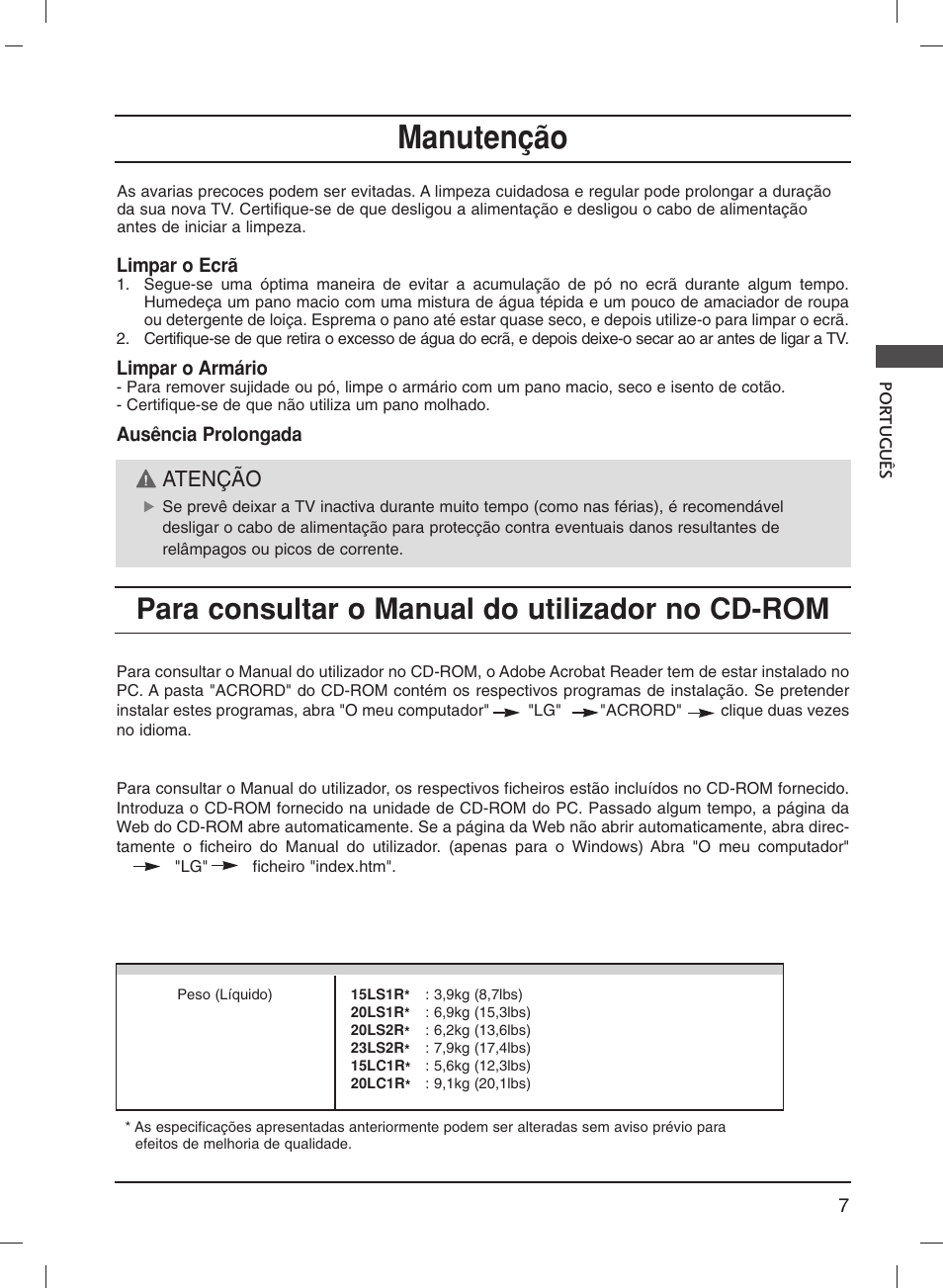 Manutenção, Para consultar o manual do utilizador no cd-rom, Atenção | LG 20LS1R User Manual | Page 73 / 236