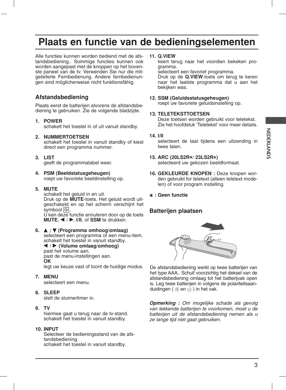 Plaats en functie van de bedieningselementen | LG 20LS1R User Manual | Page 79 / 236