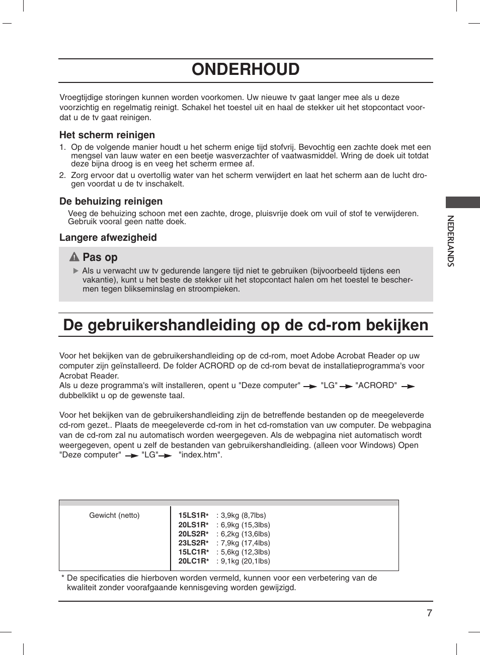 Onderhoud, De gebruikershandleiding op de cd-rom bekijken, Pas op | LG 20LS1R User Manual | Page 83 / 236