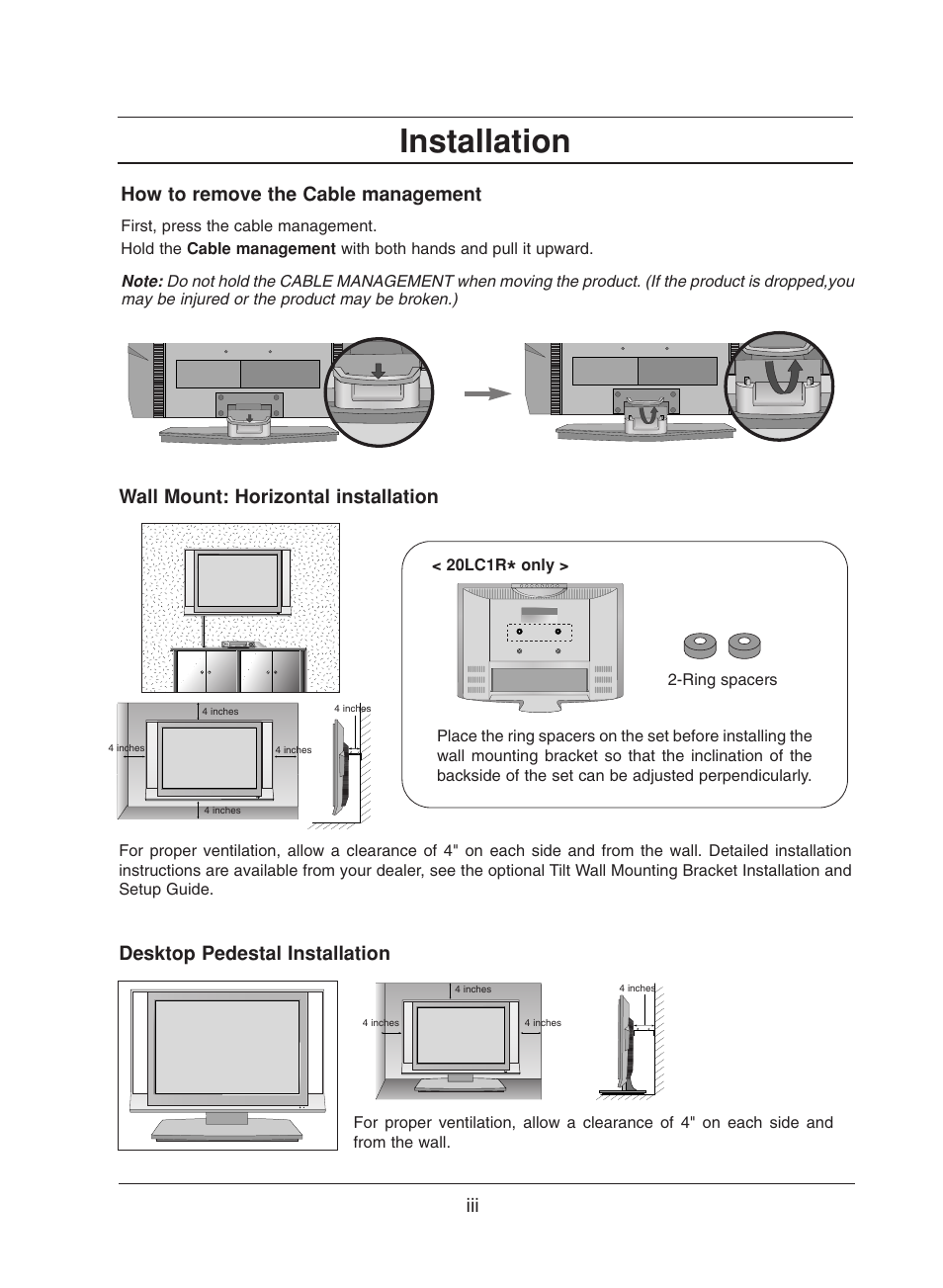 Installation, How to remove the cable management, Wall mount: horizontal installation | Desktop pedestal installation | LG 20LS1R User Manual | Page 9 / 236