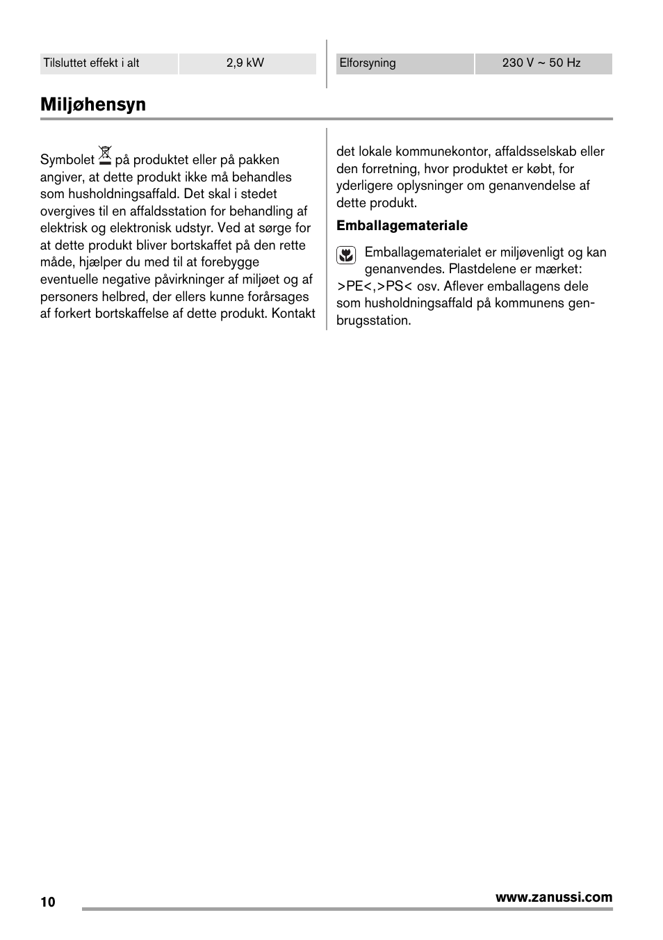 Miljøhensyn | Zanussi ZES3921IBA User Manual | Page 10 / 60