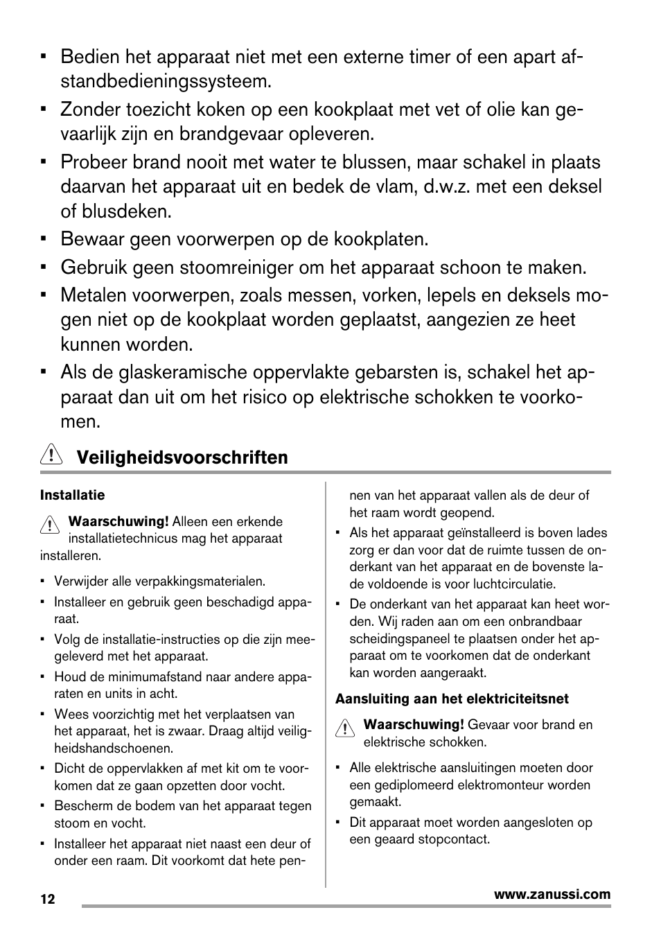 Veiligheidsvoorschriften | Zanussi ZES3921IBA User Manual | Page 12 / 60