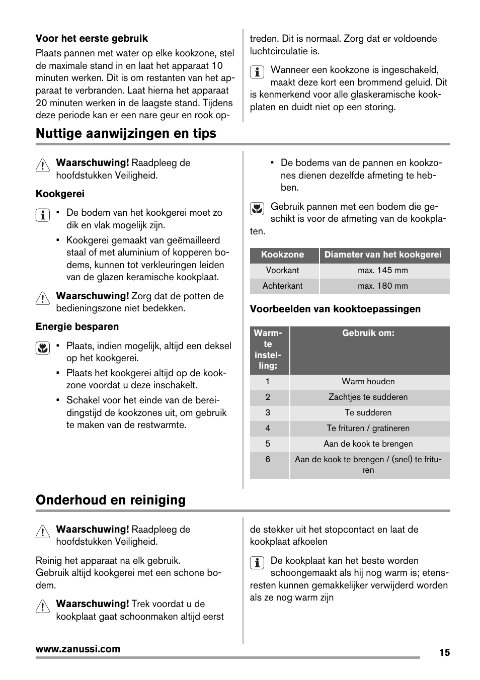 Nuttige aanwijzingen en tips, Onderhoud en reiniging | Zanussi ZES3921IBA User Manual | Page 15 / 60