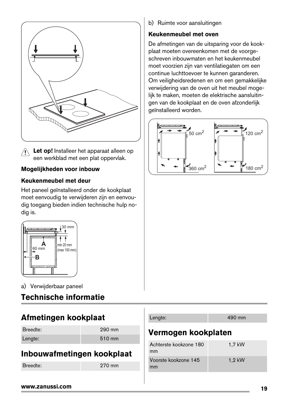 Technische informatie afmetingen kookplaat, Inbouwafmetingen kookplaat, Vermogen kookplaten | Zanussi ZES3921IBA User Manual | Page 19 / 60