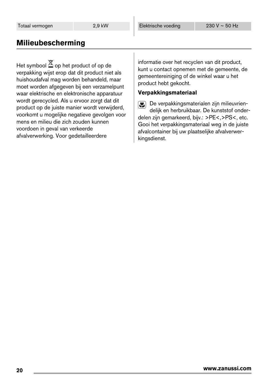 Milieubescherming | Zanussi ZES3921IBA User Manual | Page 20 / 60