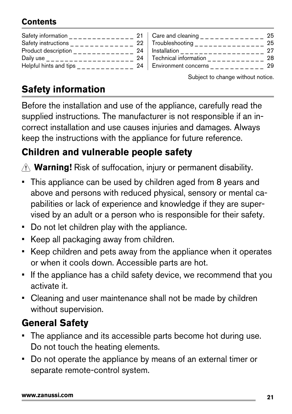 Safety information, Children and vulnerable people safety, General safety | Zanussi ZES3921IBA User Manual | Page 21 / 60