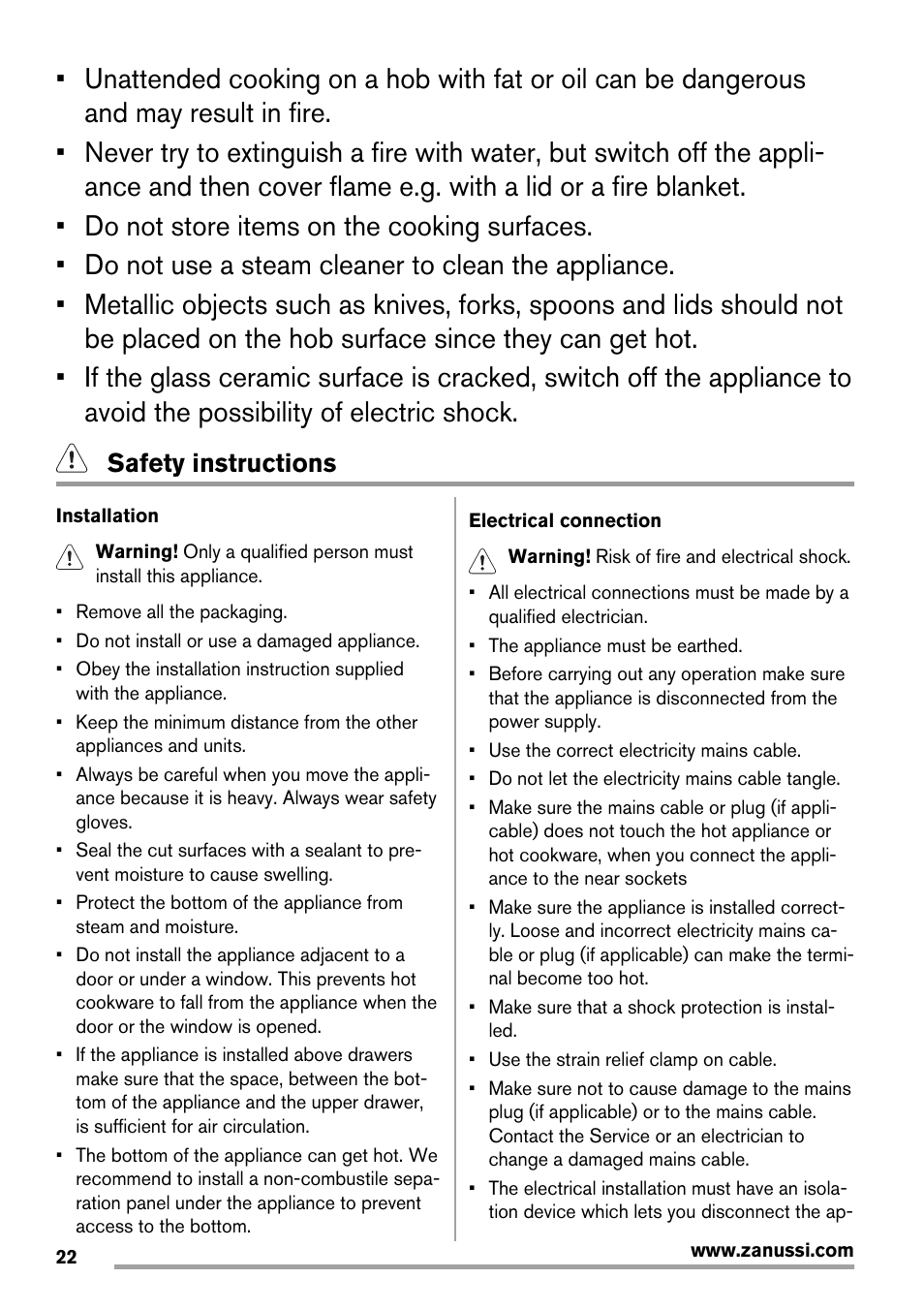 Safety instructions | Zanussi ZES3921IBA User Manual | Page 22 / 60