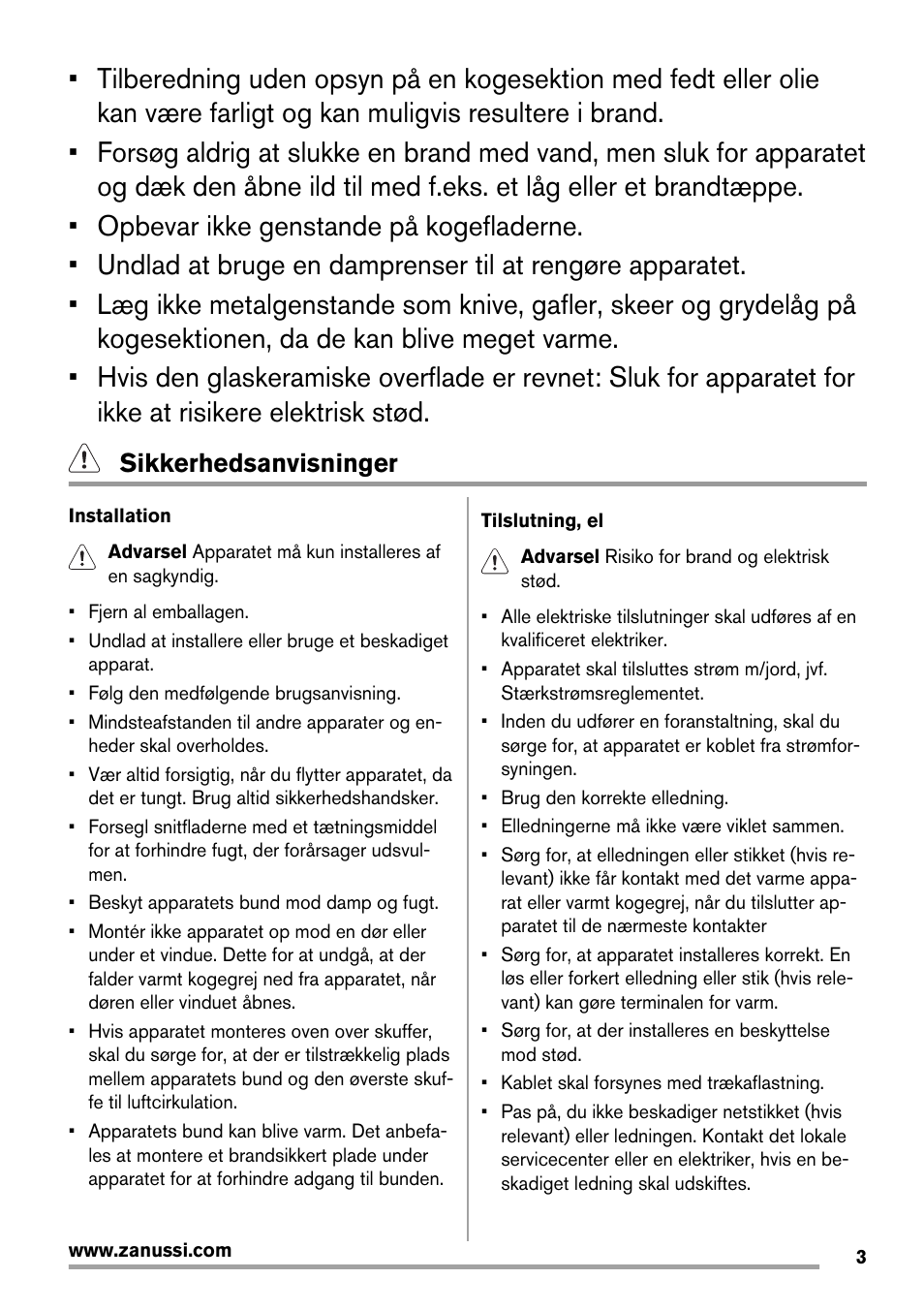 Sikkerhedsanvisninger | Zanussi ZES3921IBA User Manual | Page 3 / 60