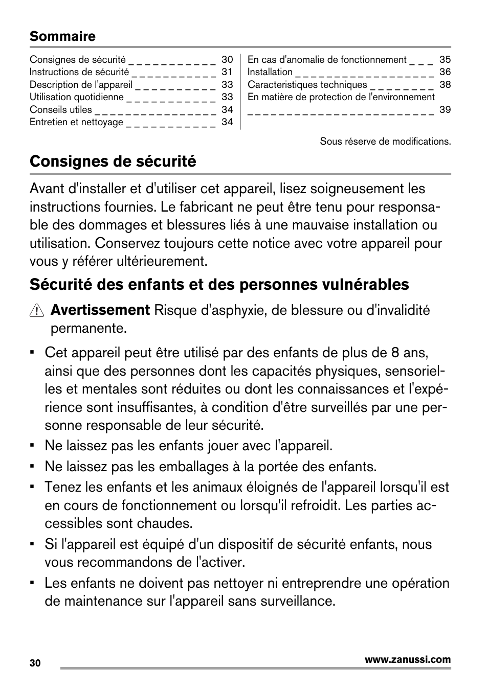 Consignes de sécurité, Sécurité des enfants et des personnes vulnérables | Zanussi ZES3921IBA User Manual | Page 30 / 60