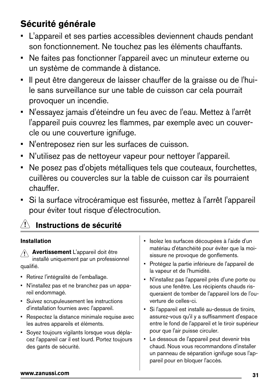 Sécurité générale, Instructions de sécurité | Zanussi ZES3921IBA User Manual | Page 31 / 60