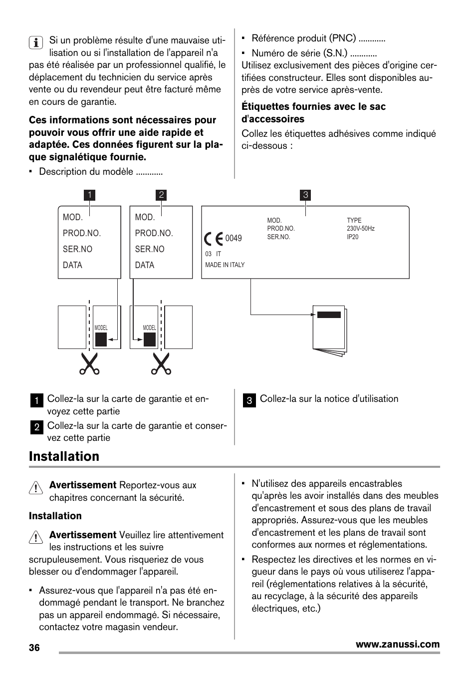 Installation | Zanussi ZES3921IBA User Manual | Page 36 / 60