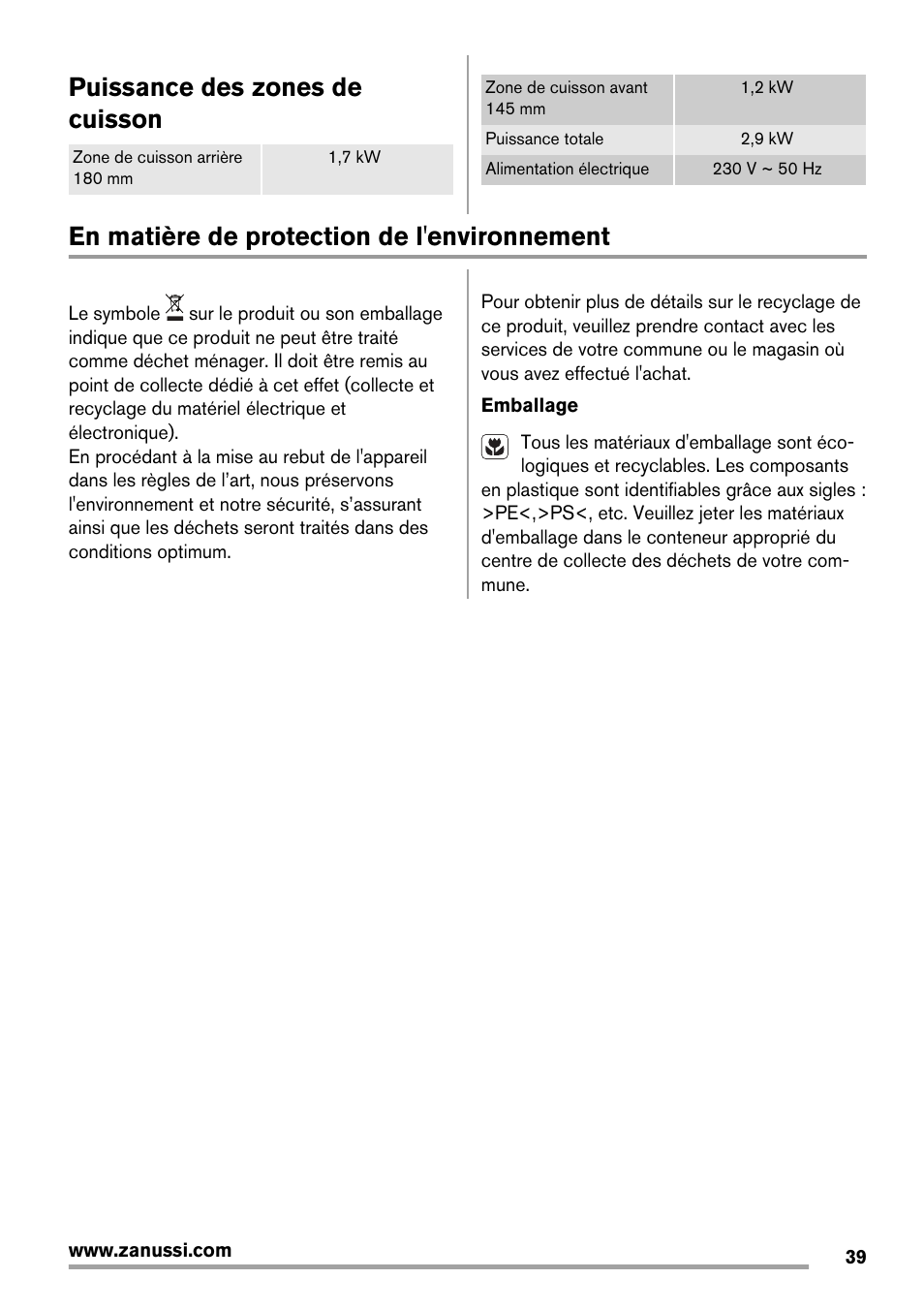 Puissance des zones de cuisson, En matière de protection de l'environnement | Zanussi ZES3921IBA User Manual | Page 39 / 60