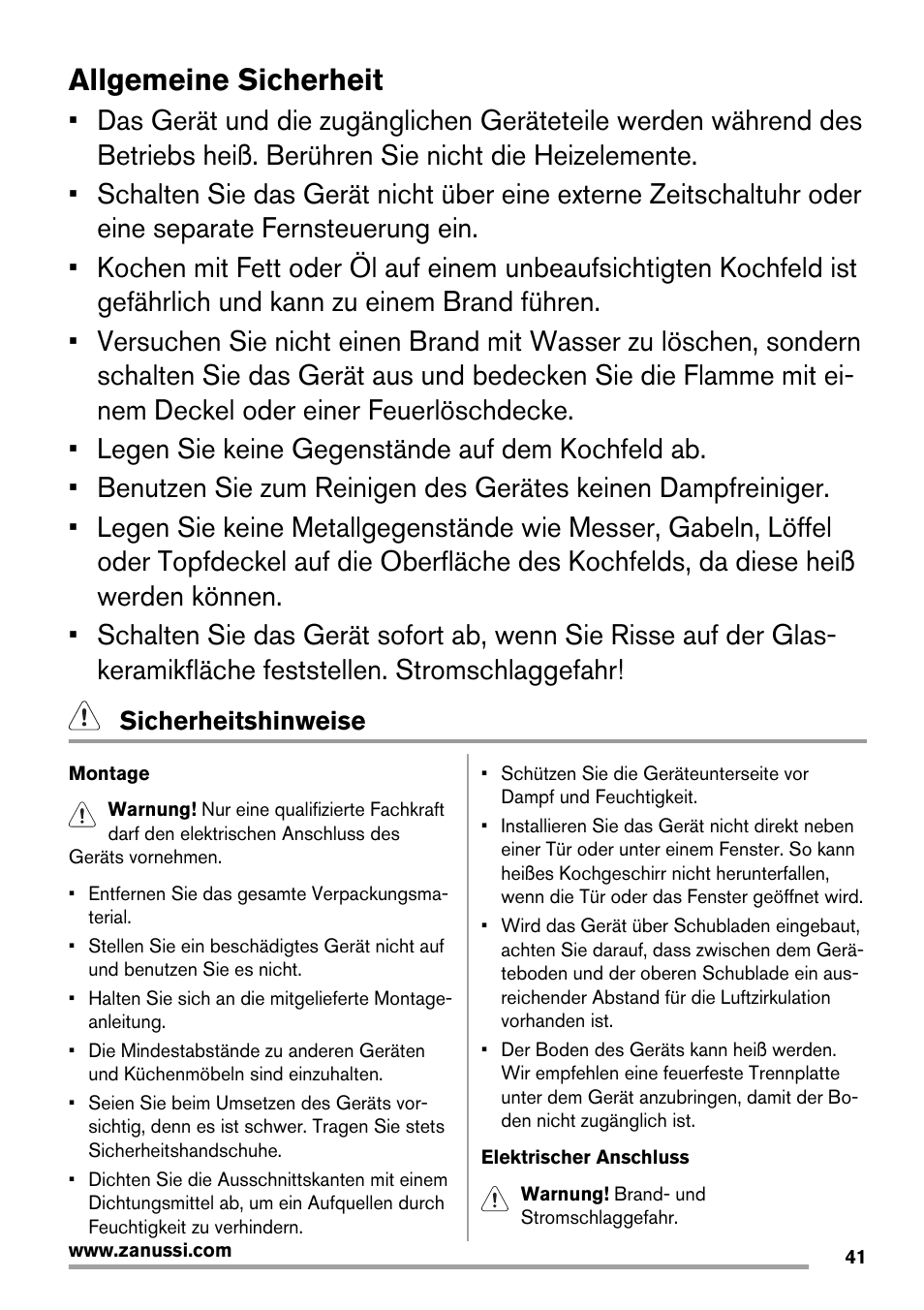 Allgemeine sicherheit, Sicherheitshinweise | Zanussi ZES3921IBA User Manual | Page 41 / 60