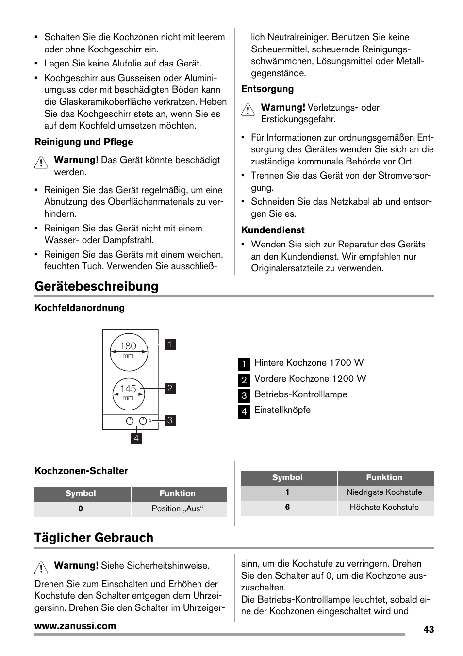 Gerätebeschreibung, Täglicher gebrauch | Zanussi ZES3921IBA User Manual | Page 43 / 60