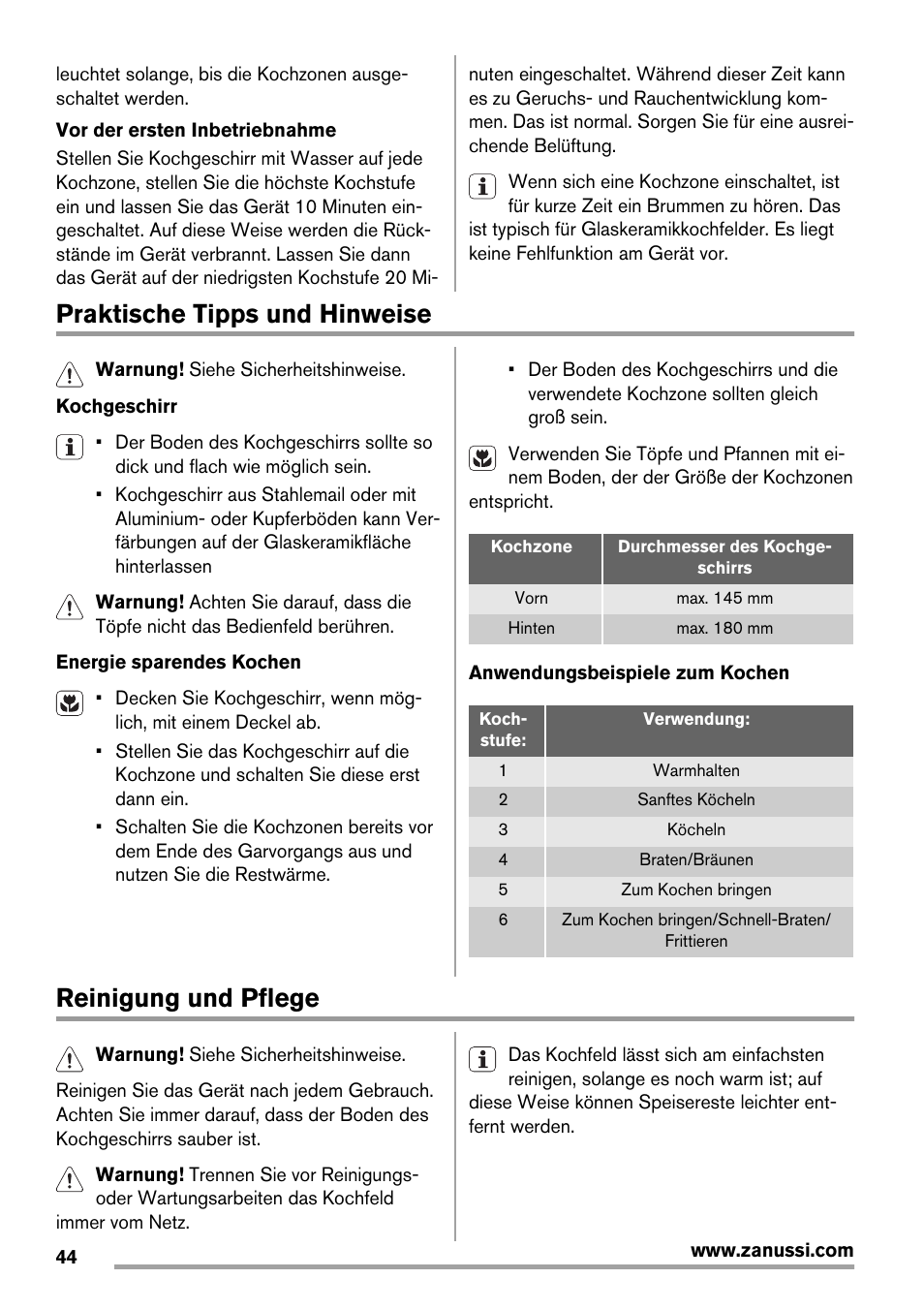 Praktische tipps und hinweise, Reinigung und pflege | Zanussi ZES3921IBA User Manual | Page 44 / 60