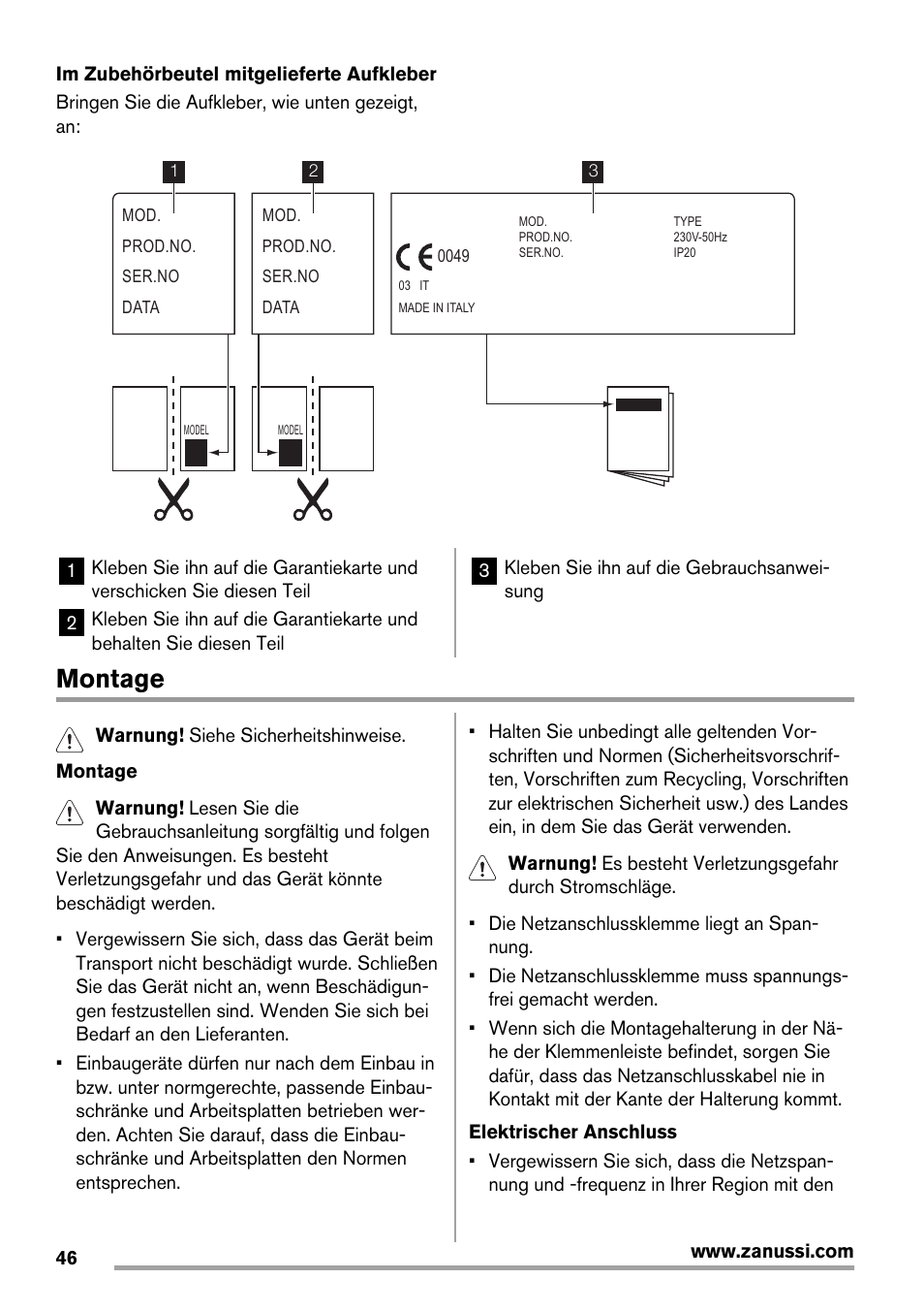 Montage | Zanussi ZES3921IBA User Manual | Page 46 / 60