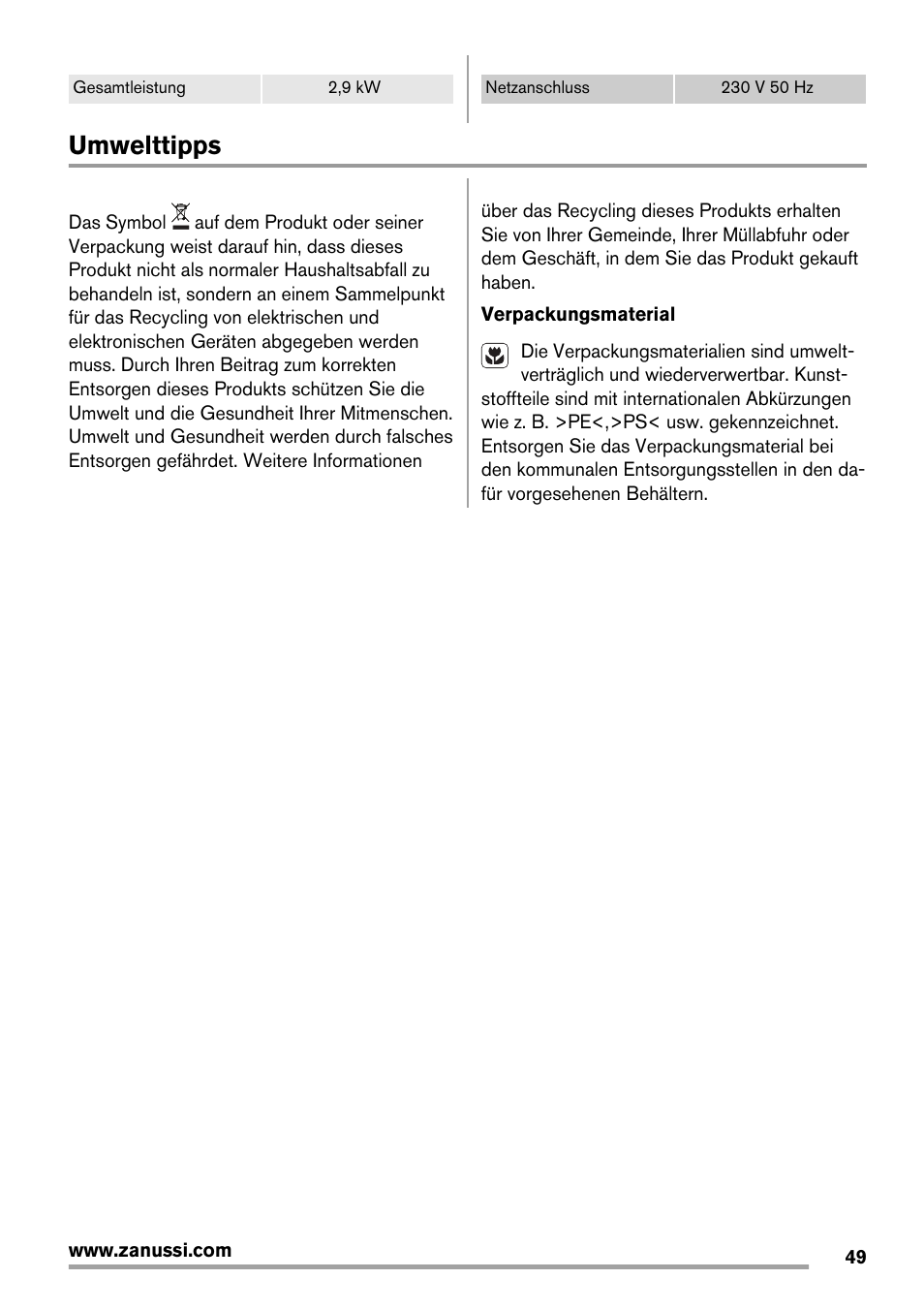 Umwelttipps | Zanussi ZES3921IBA User Manual | Page 49 / 60