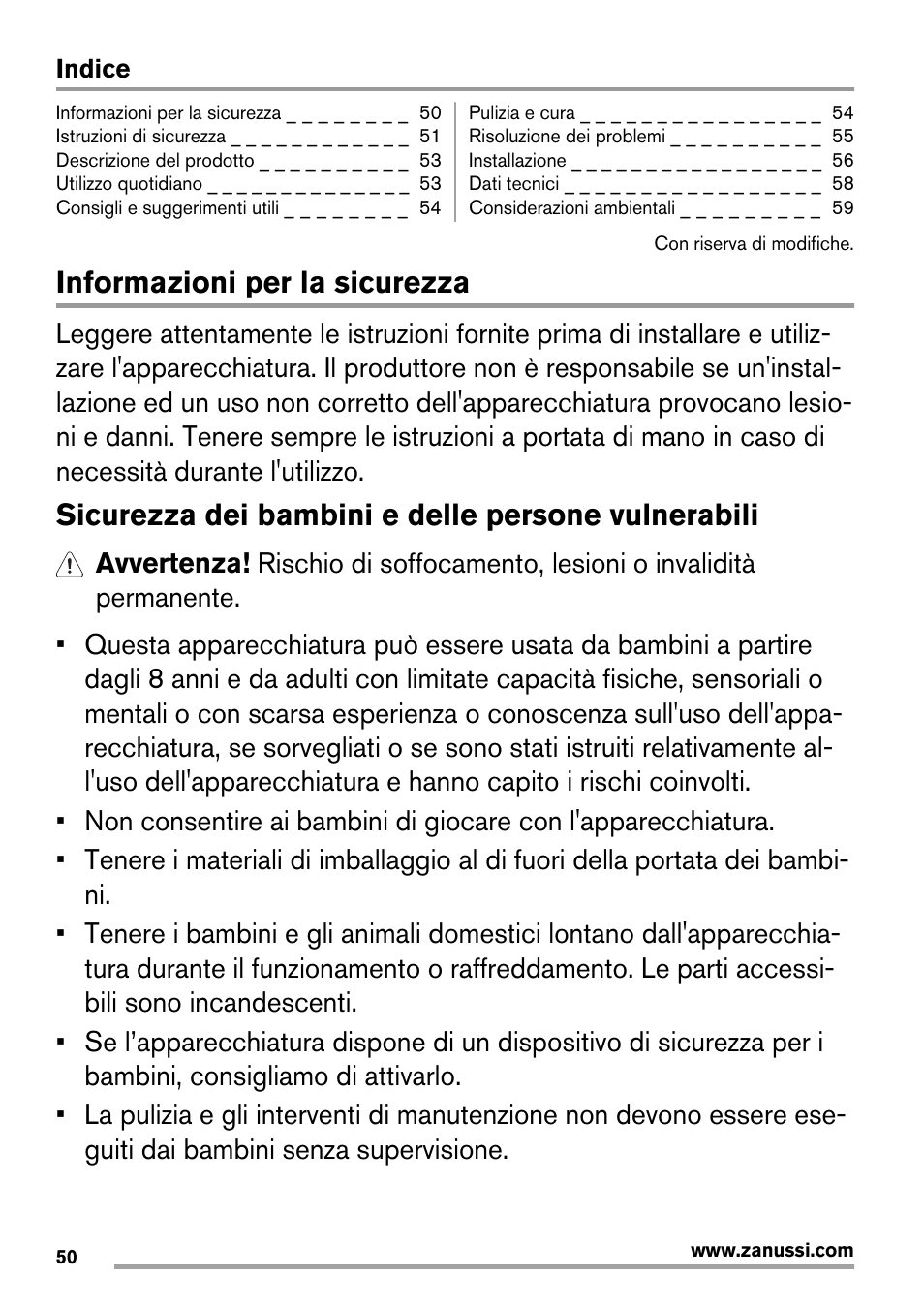 Informazioni per la sicurezza, Sicurezza dei bambini e delle persone vulnerabili | Zanussi ZES3921IBA User Manual | Page 50 / 60