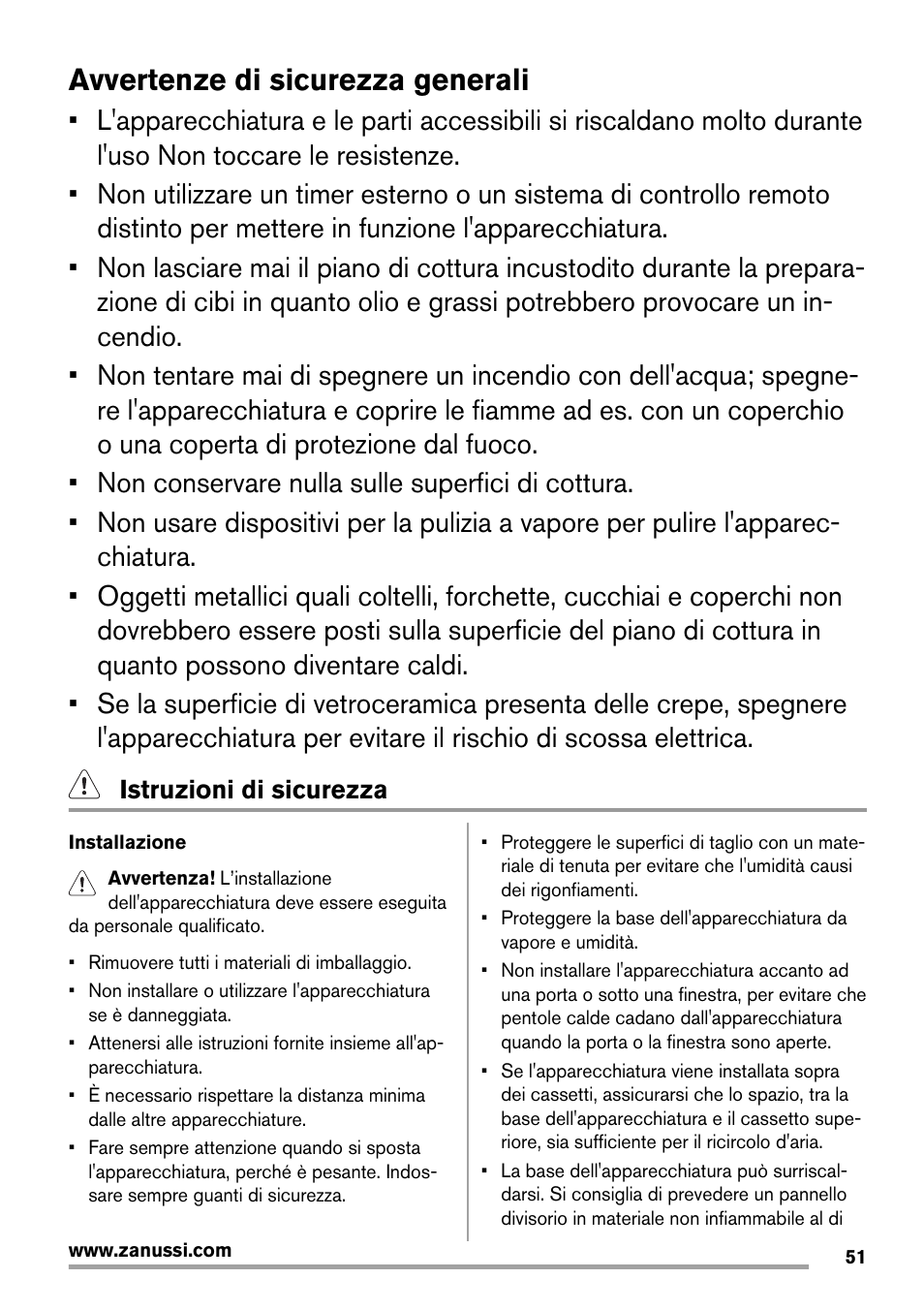 Avvertenze di sicurezza generali | Zanussi ZES3921IBA User Manual | Page 51 / 60