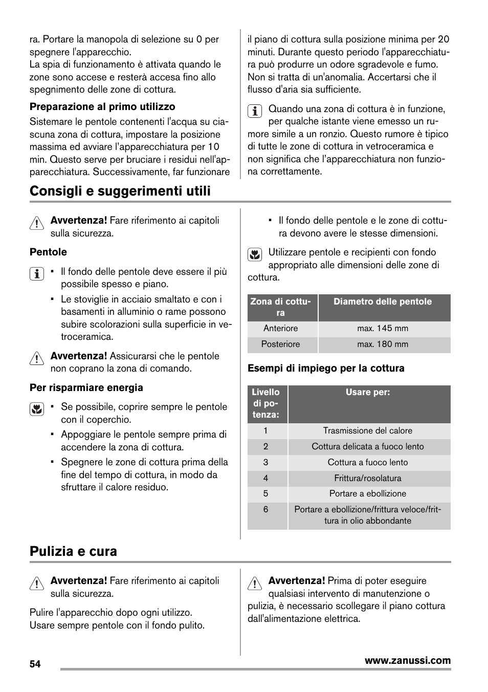 Consigli e suggerimenti utili, Pulizia e cura | Zanussi ZES3921IBA User Manual | Page 54 / 60