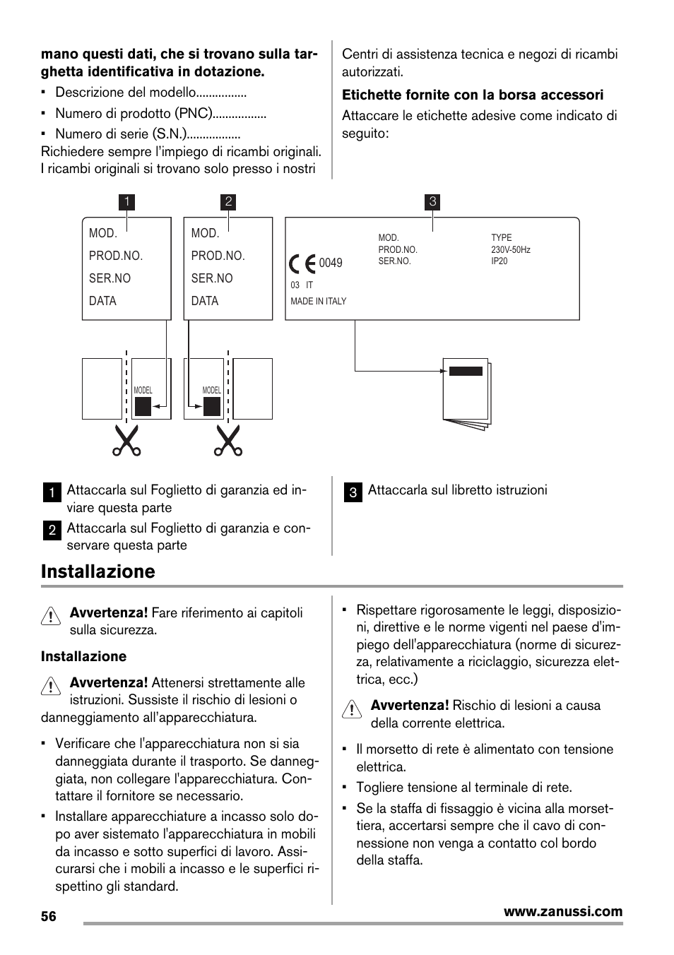 Installazione | Zanussi ZES3921IBA User Manual | Page 56 / 60